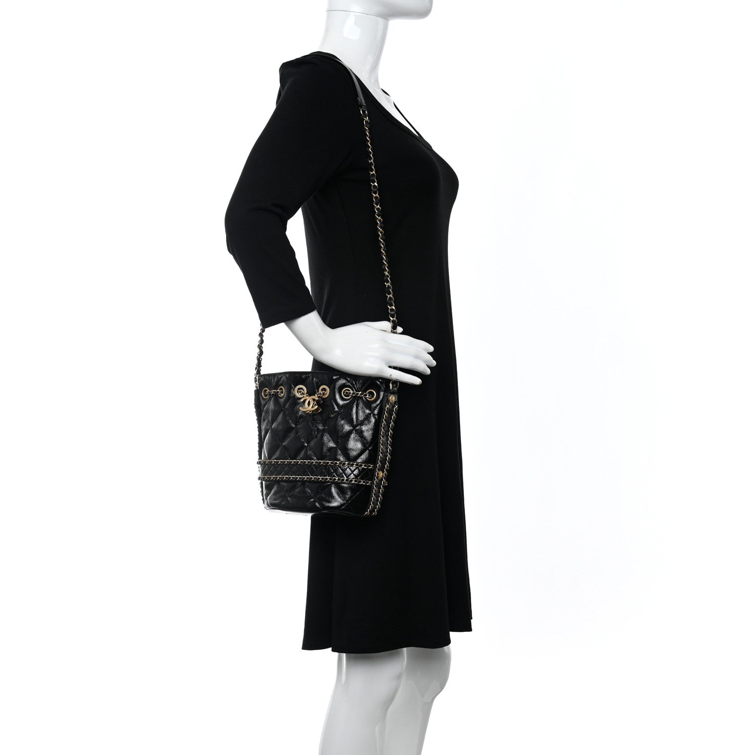 Chanel Shiny Aged Calfskin Quilted Chain Bucket Drawstring Bag Black 2 of 11