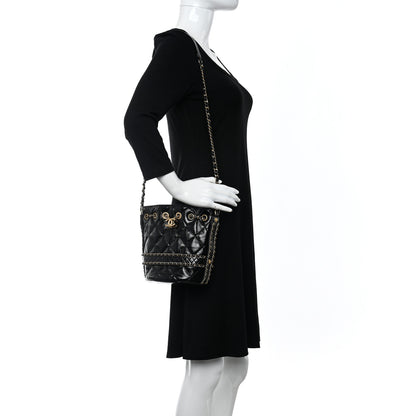 Chanel Shiny Aged Calfskin Quilted Chain Bucket Drawstring Bag Black 2 of 11