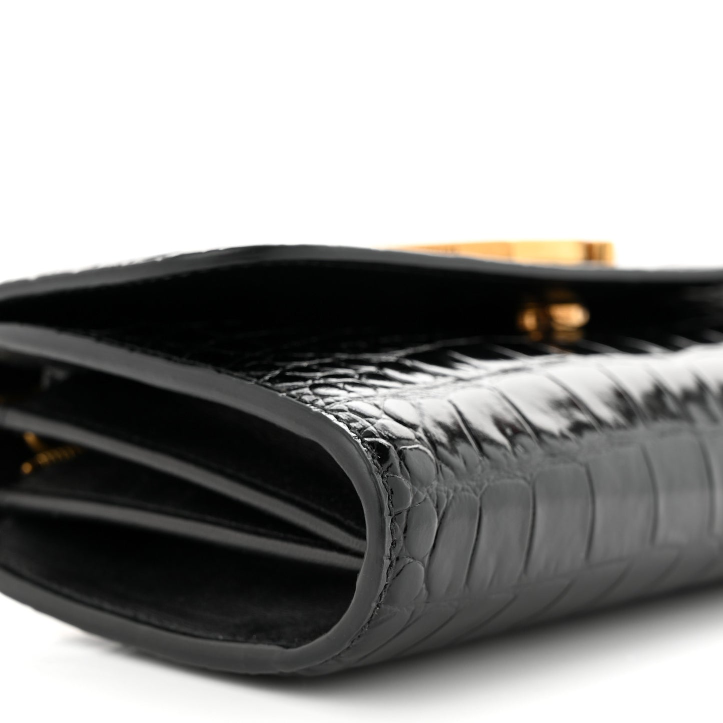 Shiny Calfskin Crocodile Embossed B Continental Chain Bag Black