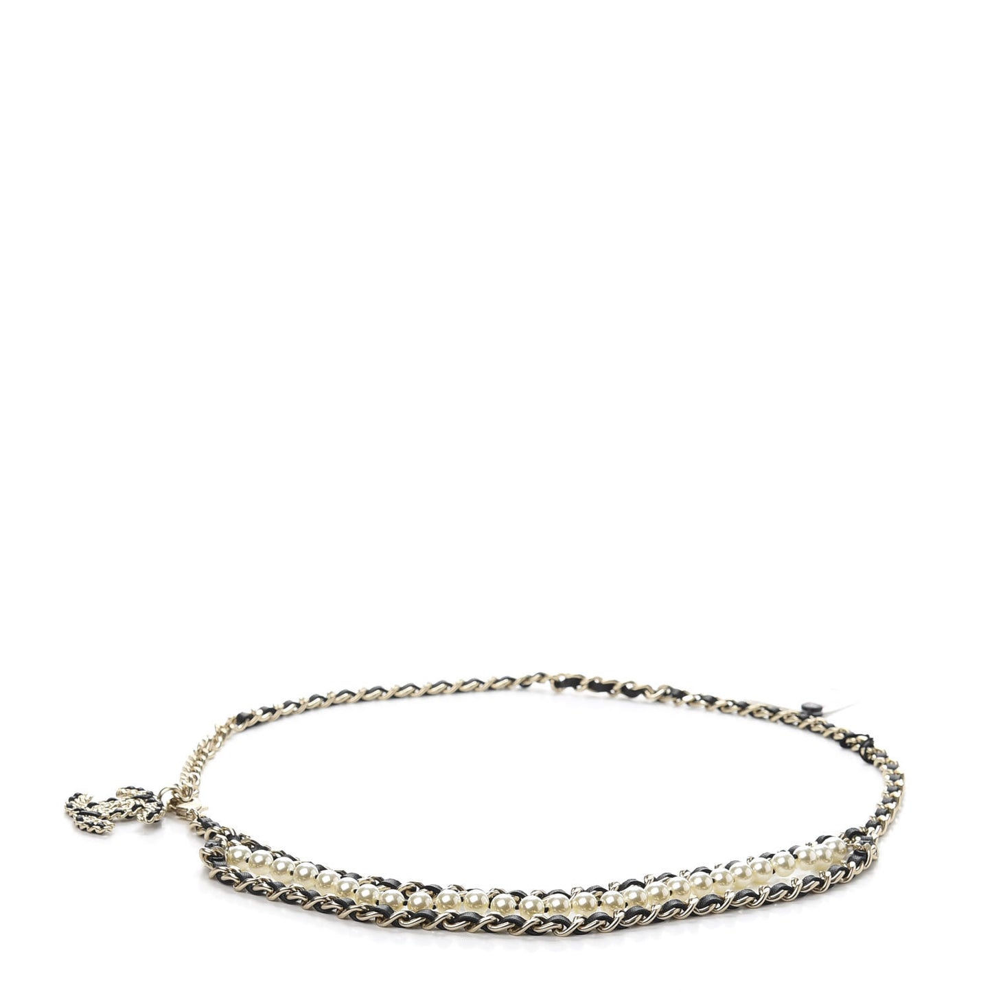 Lambskin Pearl Chain CC Fancy Belt 75 Black Gold