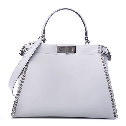 Fendi Vitello Seta Shiny Nappa Scalloped Studded Medium Peekaboo Iconic Satchel Grigio Perla 1 of 10