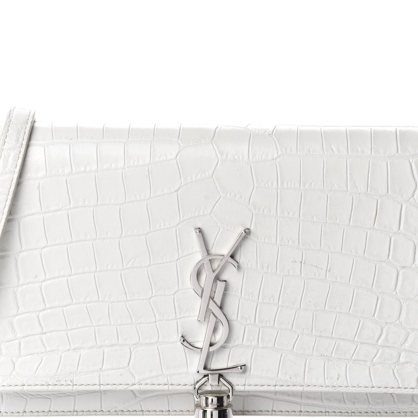Calfskin Crocodile Embossed Kate Monogram Tassel Chain Wallet Crema Soft