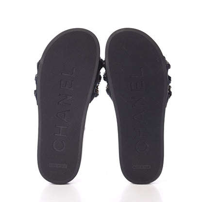 Chanel Satin Canvas Chain Slides Sandals Flats 39 Marine 7 of 7
