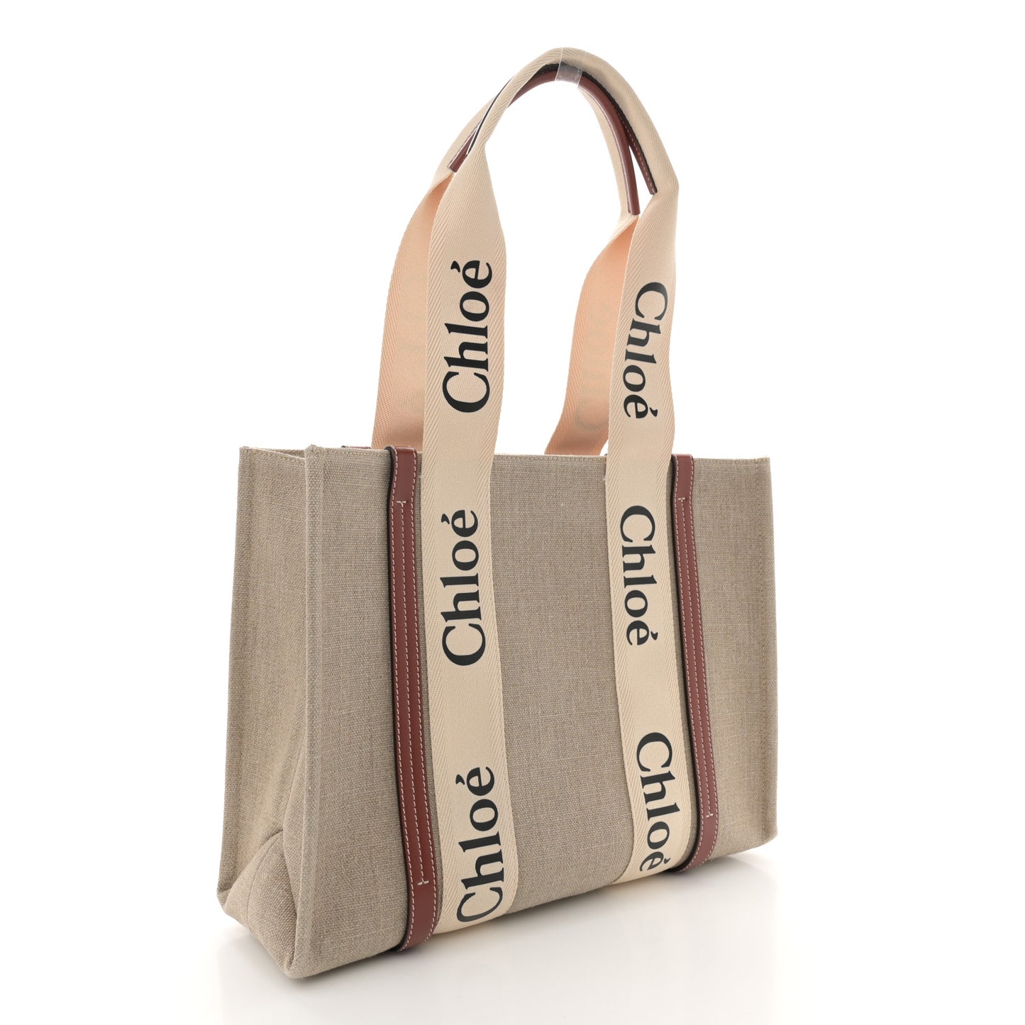 Linen Calfskin Medium Woody Ribbon Tote White Brown