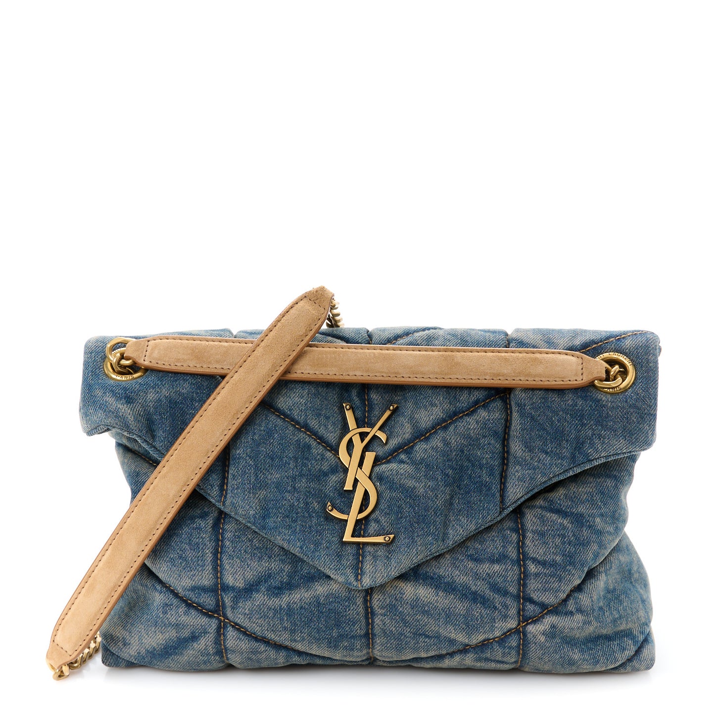 Denim Quilted Small Loulou Puffer Monogram Chain Satchel Blue Cinnamon