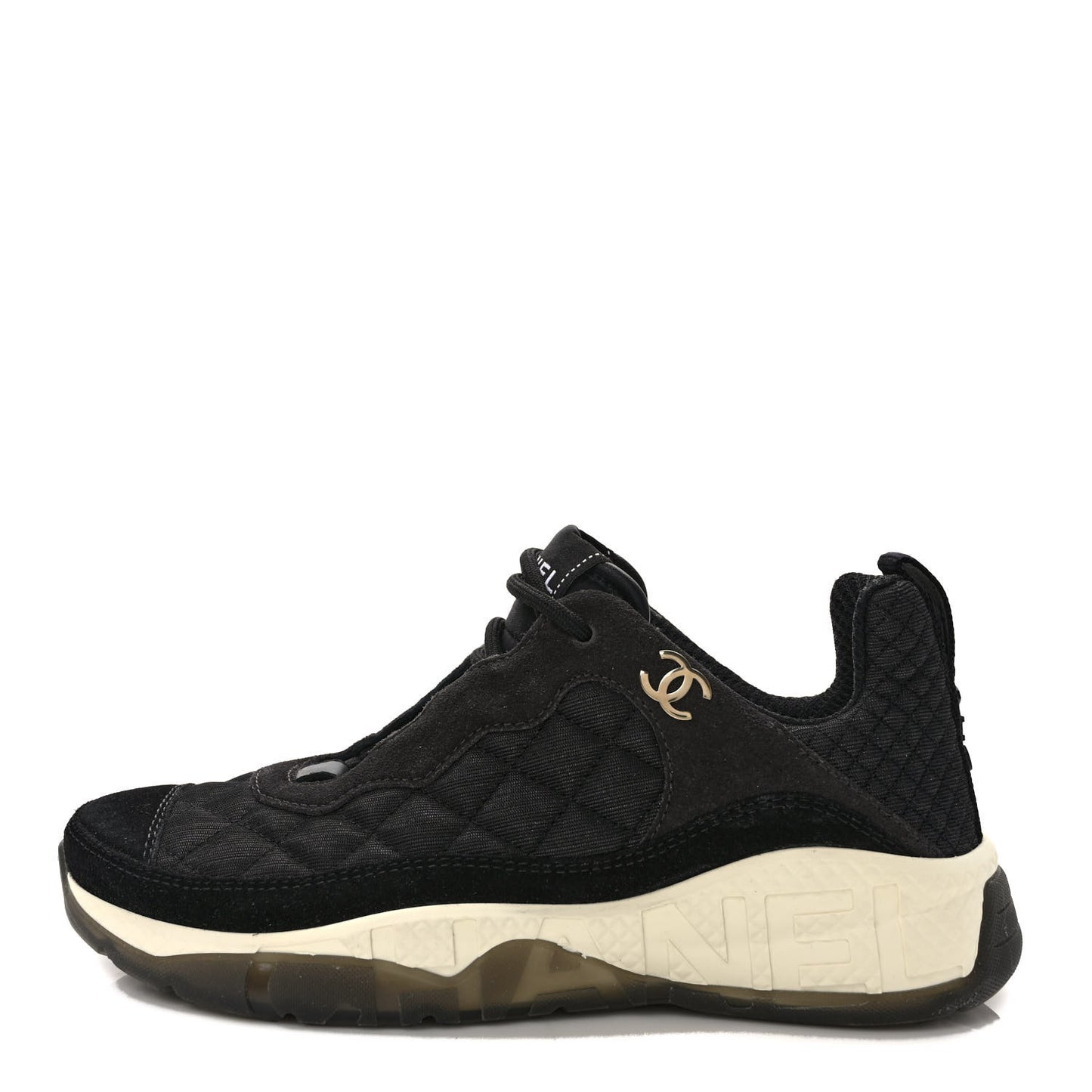 Mesh Suede Calfskin Quilted Sneakers 37 Black Dark Grey