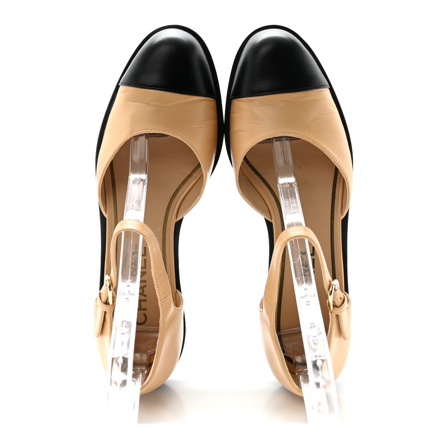 Chanel Shiny Goatskin Mary Jane Flats 38.5 Beige Black 2 of 10