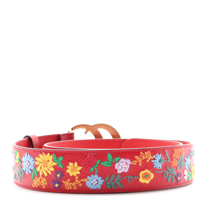 Gucci Textured Calfskin Flower Embroidered Double G 40mm Belt 90 36 Hibiscus Red 2 of 5
