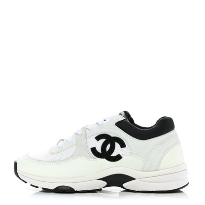 Chanel Mesh Suede Calfskin Grained Calfskin Womens CC Sneakers 38 White Black 1 of 9