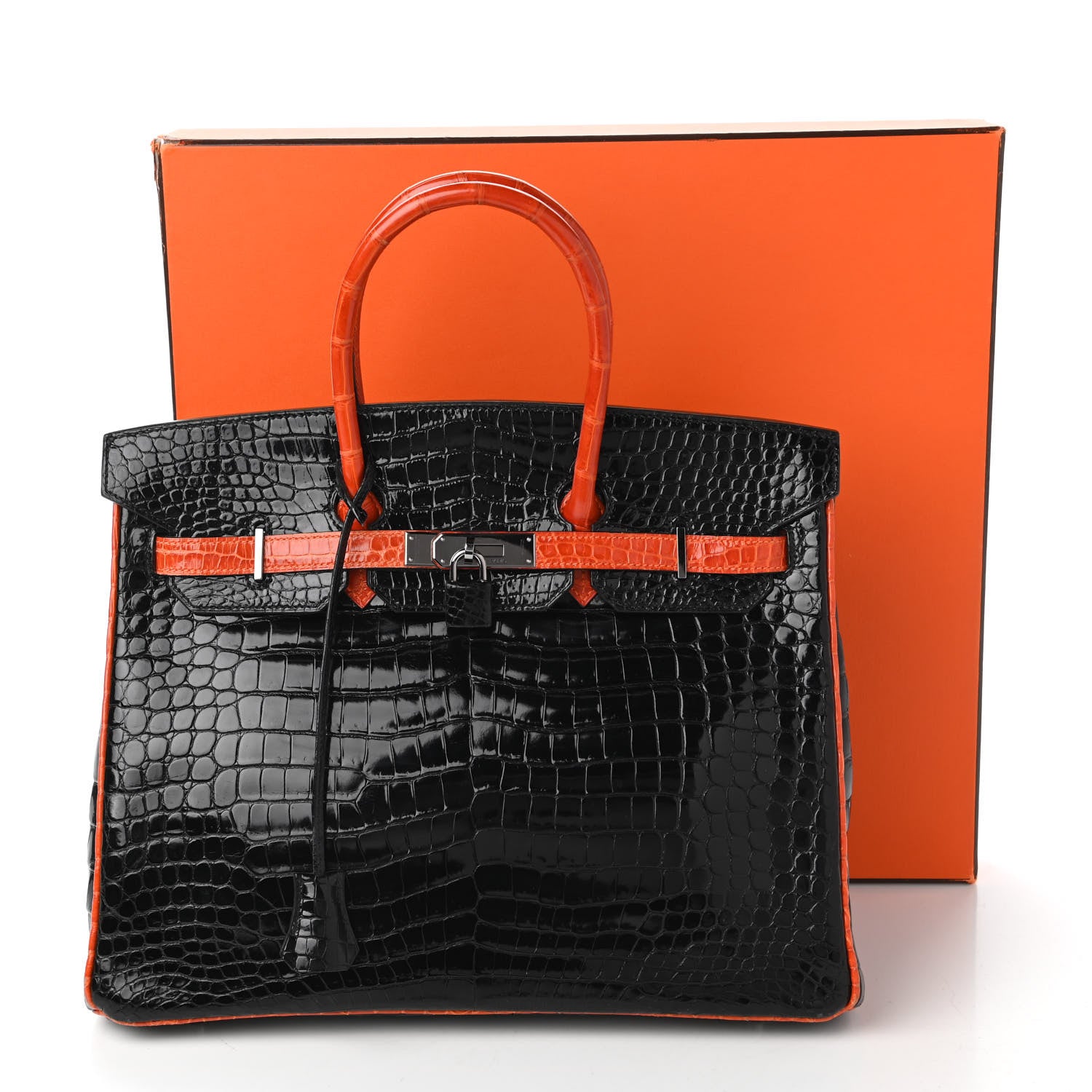 Hermes Shiny Porosus Crocodile Birkin 35 Black Orange 34 of 34