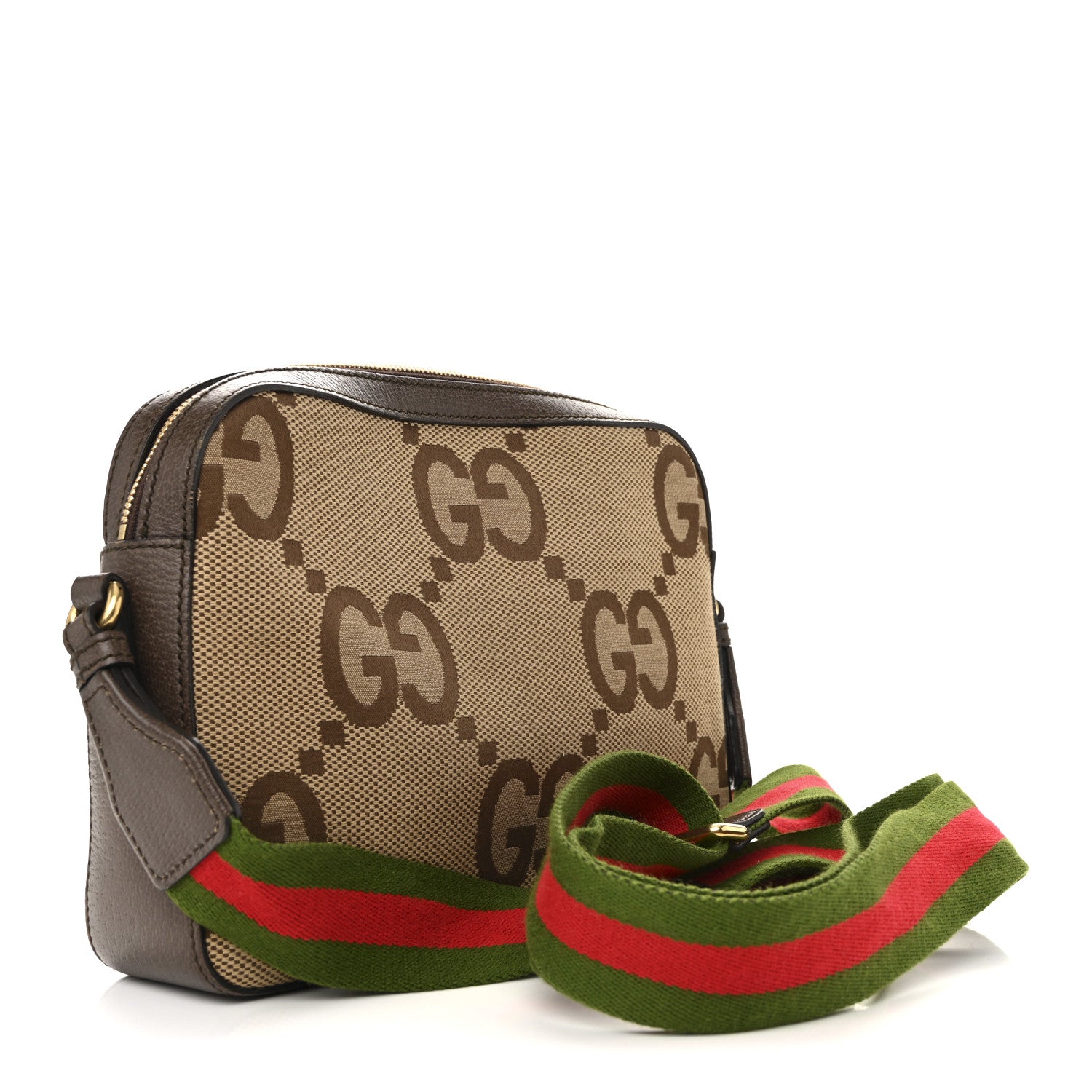Gucci Monogram Jumbo GG Textured Dollar Calfskin Web Messenger Shoulder Bag Camel Ebony New Acero 3 of 16