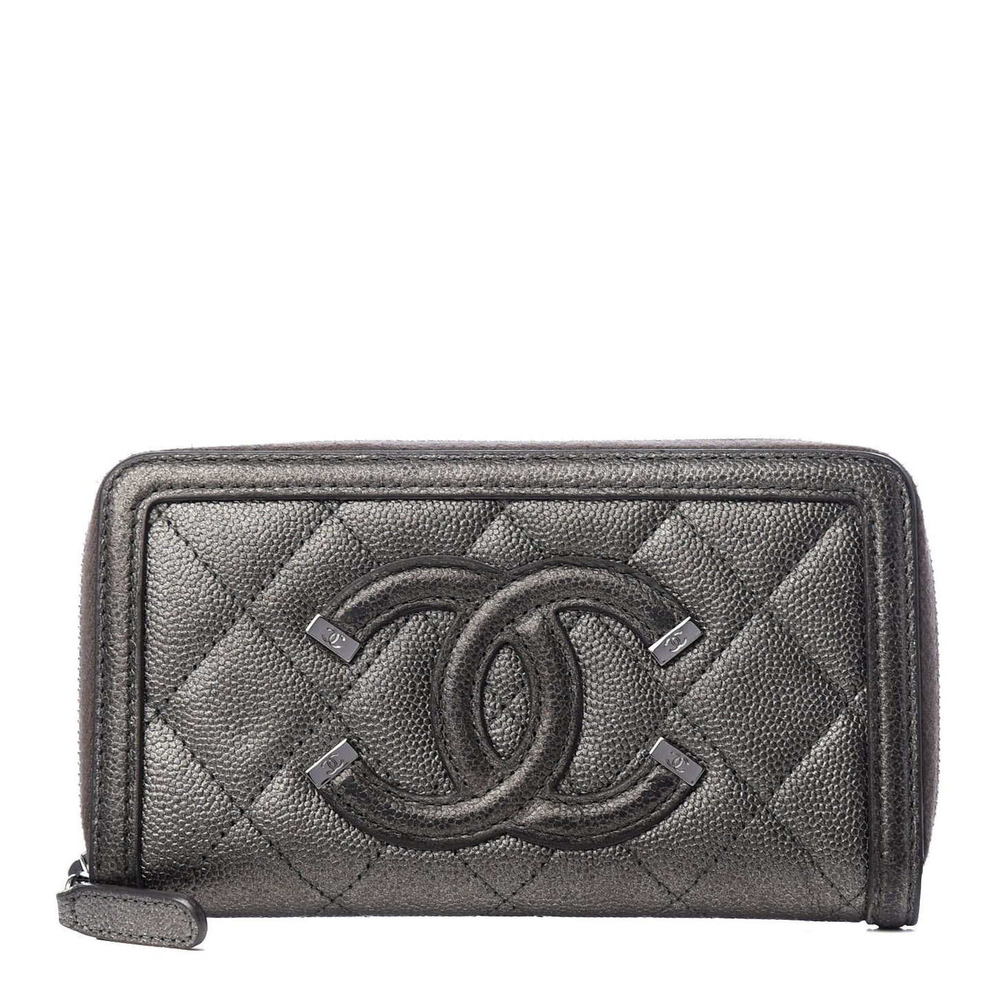 Caviar Quilted Medium Filigree Zip Around Wallet Dark Silver