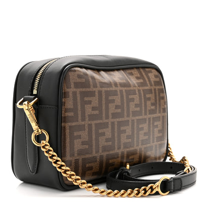 Fendi Glazed Fabric Vitello Century FF 1974 Stamp Patch Camera Case Mogano Panna Black 2 of 9