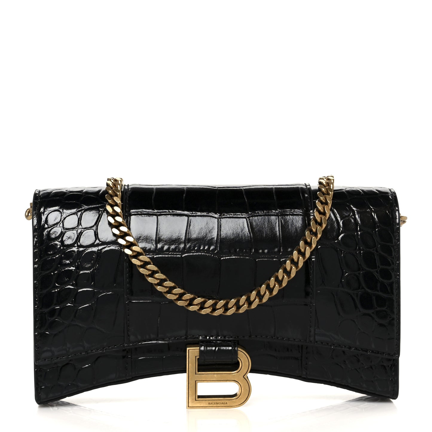 Shiny Calfskin Crocodile Embossed Hourglass Chain Bag Black