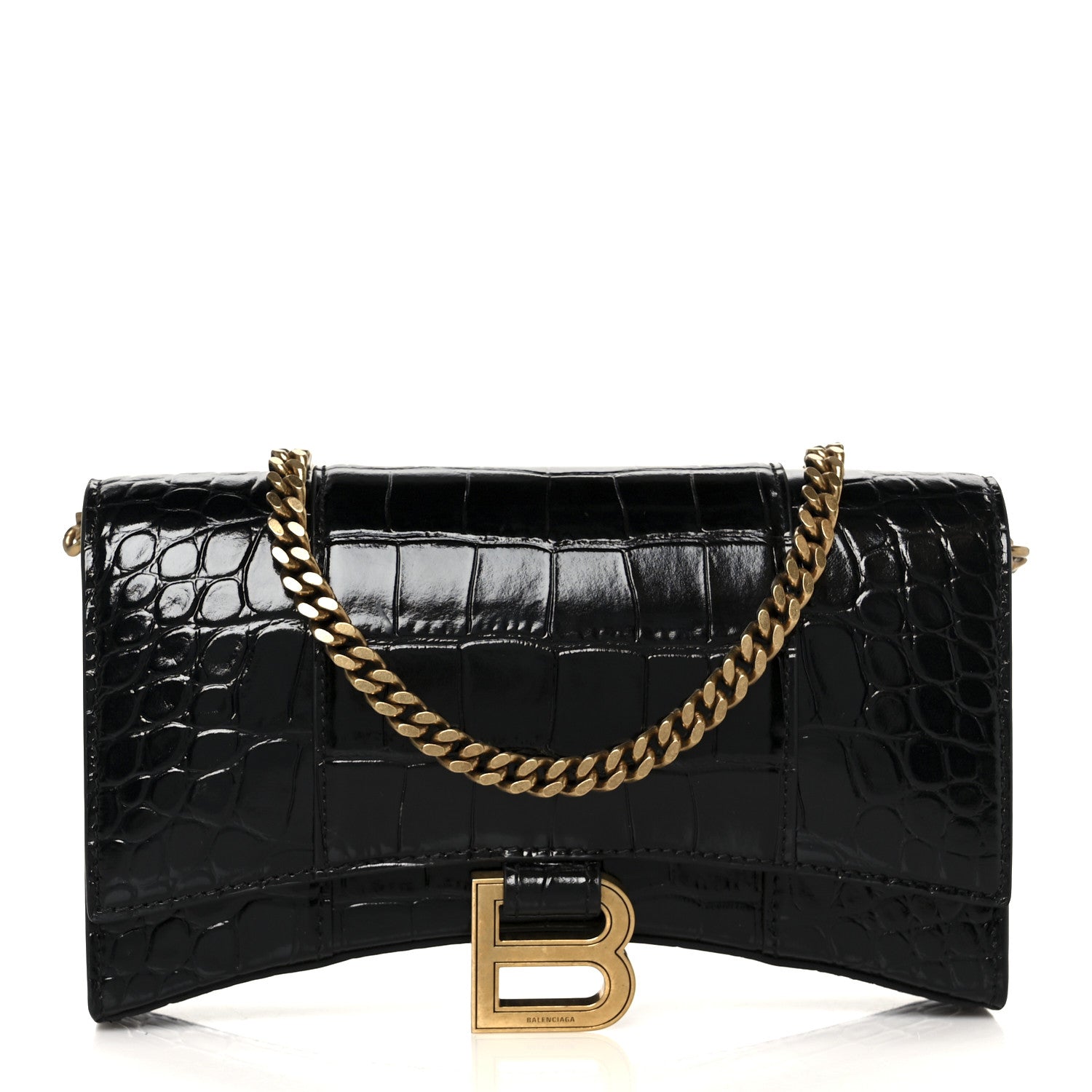 Balenciaga Shiny Calfskin Crocodile Embossed Hourglass Chain Bag Black 1 of 11