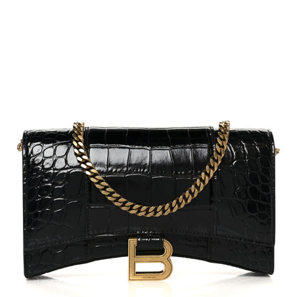 Balenciaga Shiny Calfskin Crocodile Embossed Hourglass Chain Bag Black 1 of 11
