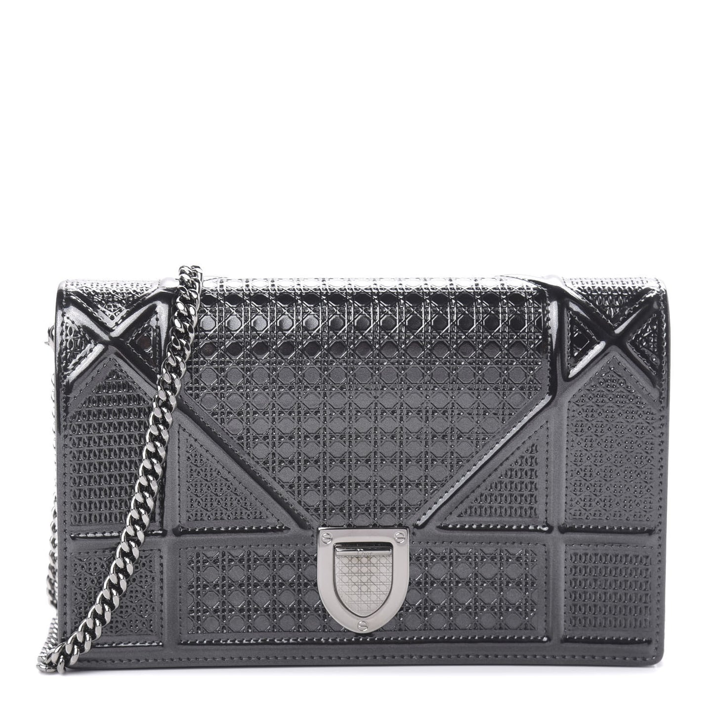 Metallic Patent Micro-Cannage Diorama Wallet on Chain Pouch Onyx Black
