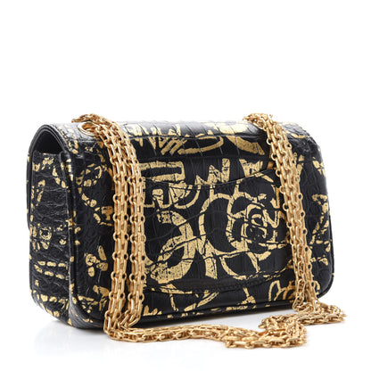 Chanel Calfskin Crocodile Embossed Graffiti 2.55 Mini Cocodile Reissue Flap Black Gold 3 of 11