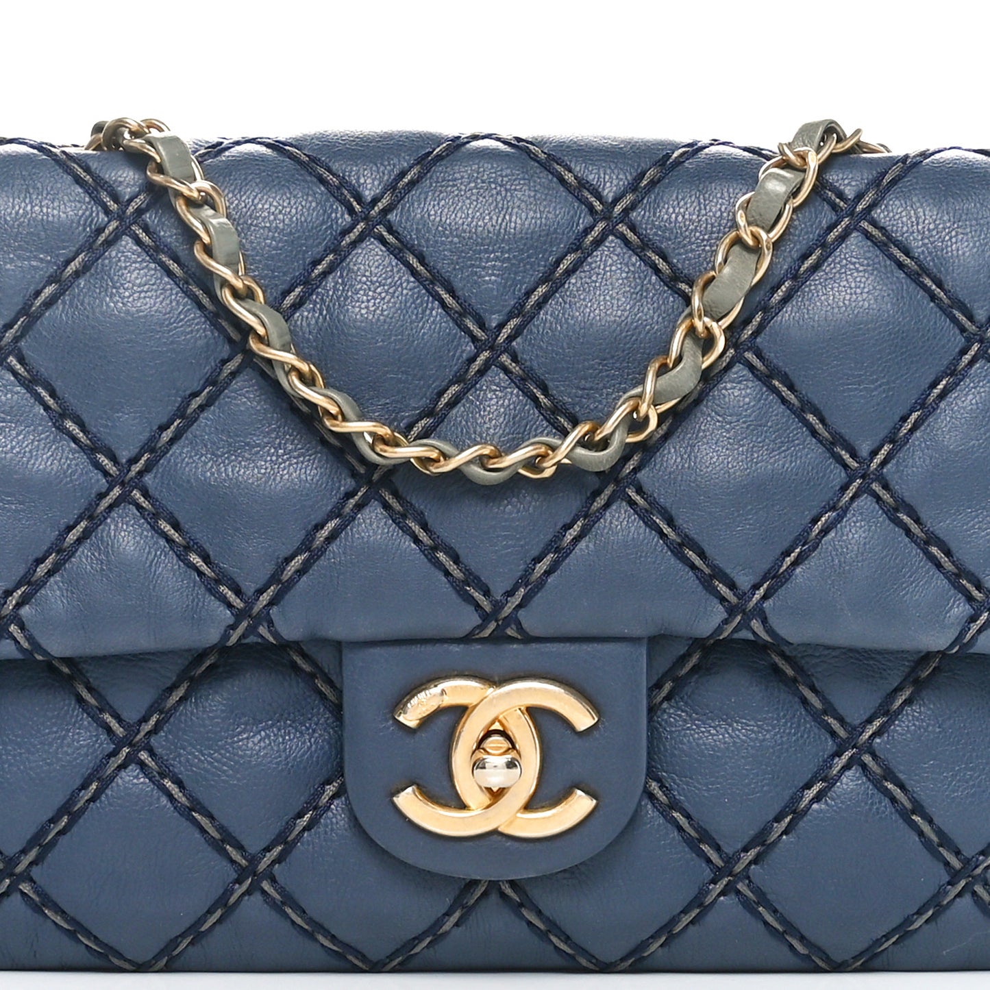 Calfskin Quilted Chic Stitch Flap Blue