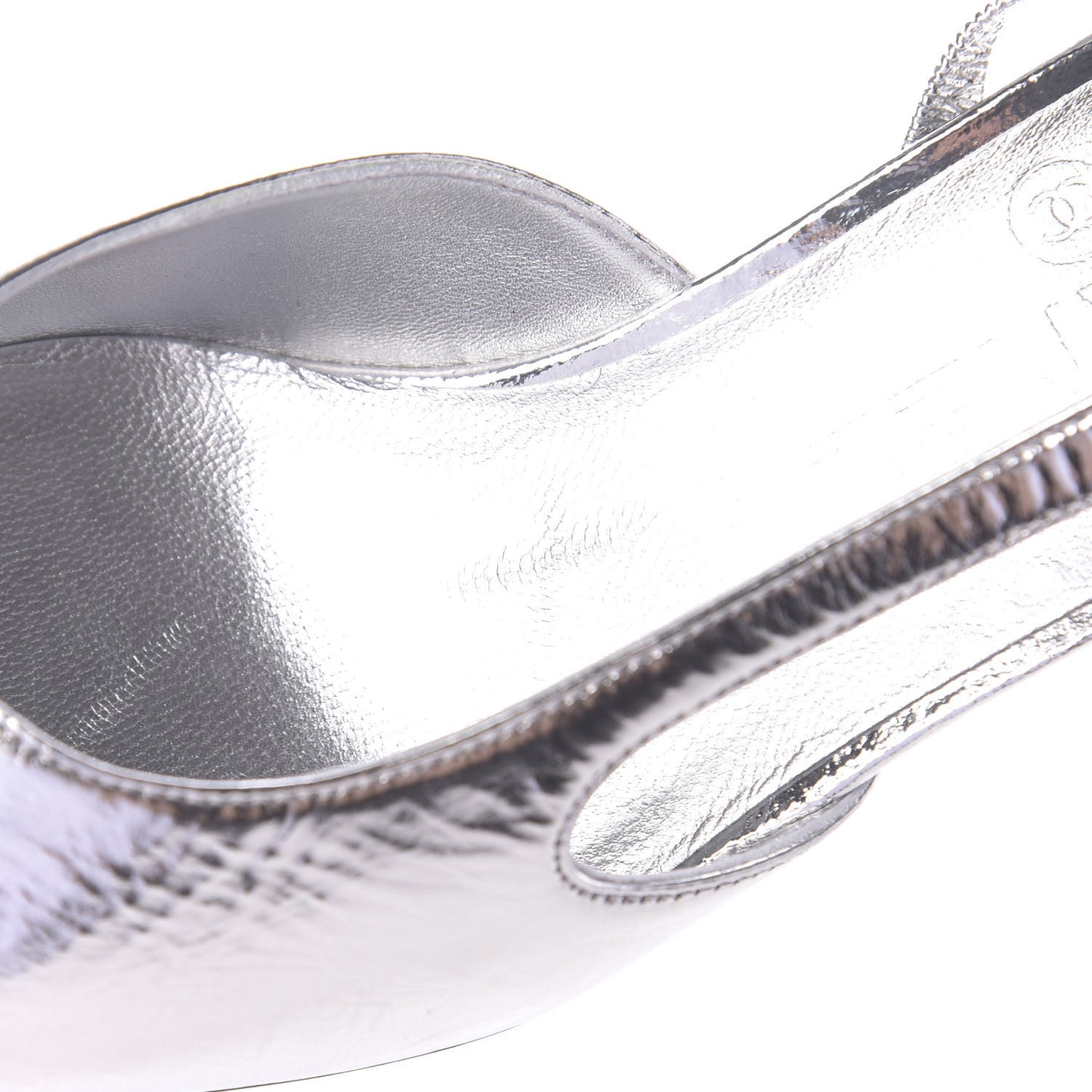 Laminated Lambskin Grosgrain Cap Toe CC Slingback Sandals 36 Silver Black