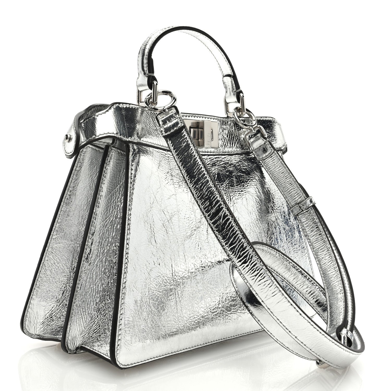 Fendi Rock Millenium Laminata Small Peekaboo I SEE U Satchel Argento 2 of 8