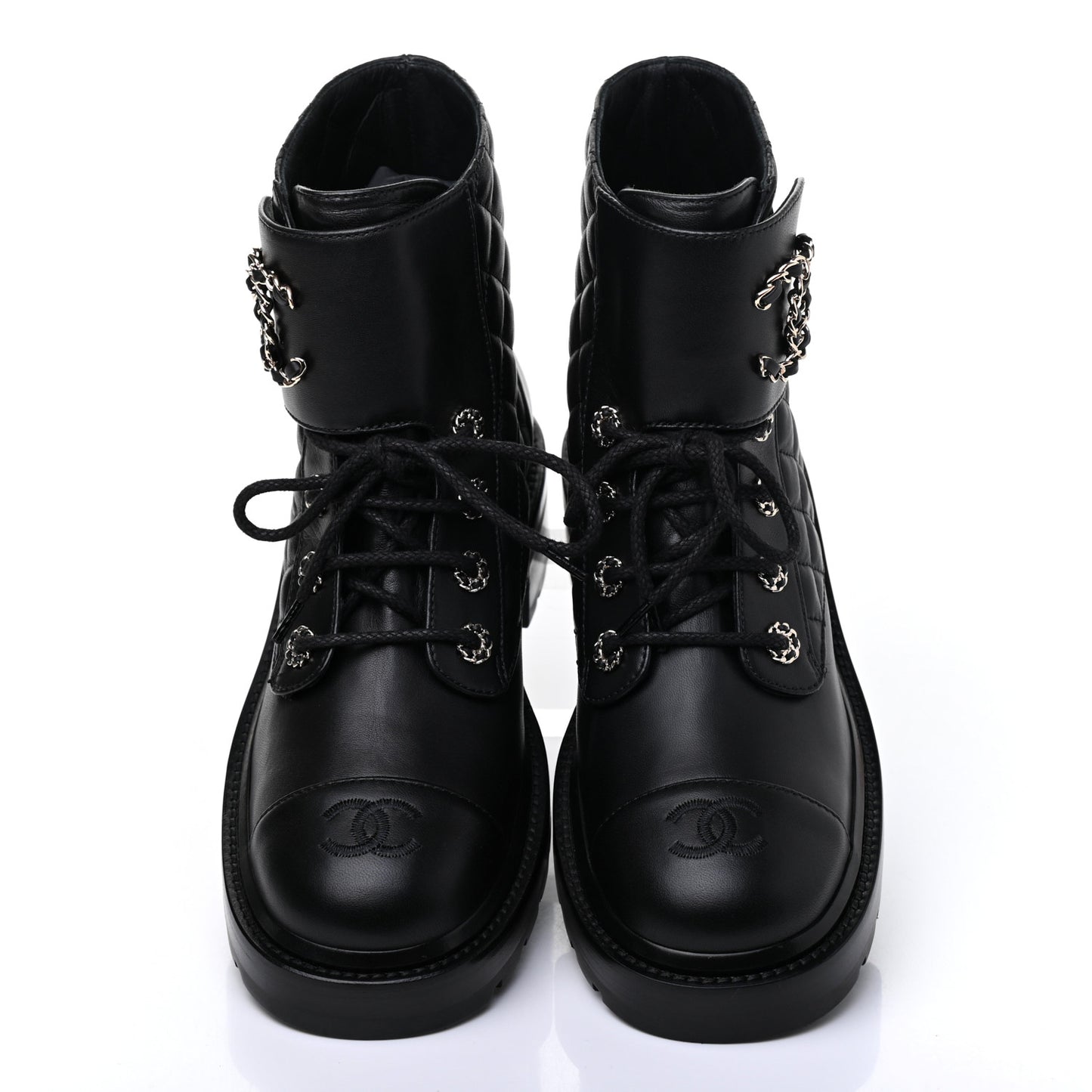 Shiny Lambskin Quilted Lace Up Combat Boots 39 Black