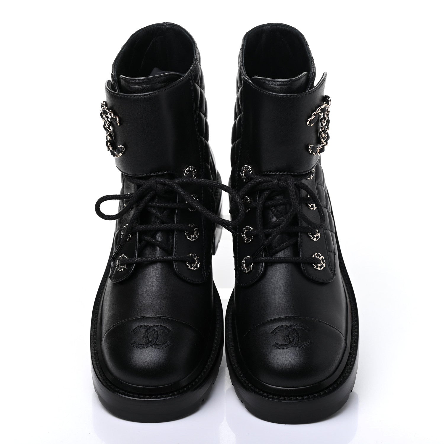 Chanel Shiny Lambskin Quilted Lace Up Combat Boots 39 Black 5 of 10