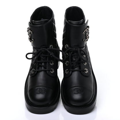 Chanel Shiny Lambskin Quilted Lace Up Combat Boots 39 Black 5 of 10