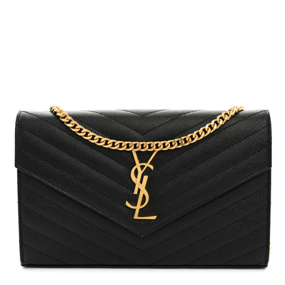 Saint Laurent Grain De Poudre Matelasse Chevron Monogram Chain Wallet Black 1 of 9