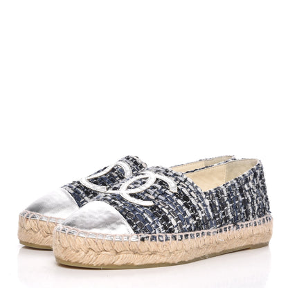 Chanel Metallic Tweed Lambskin CC Espadrilles 35 Blue Black Silver 3 of 9