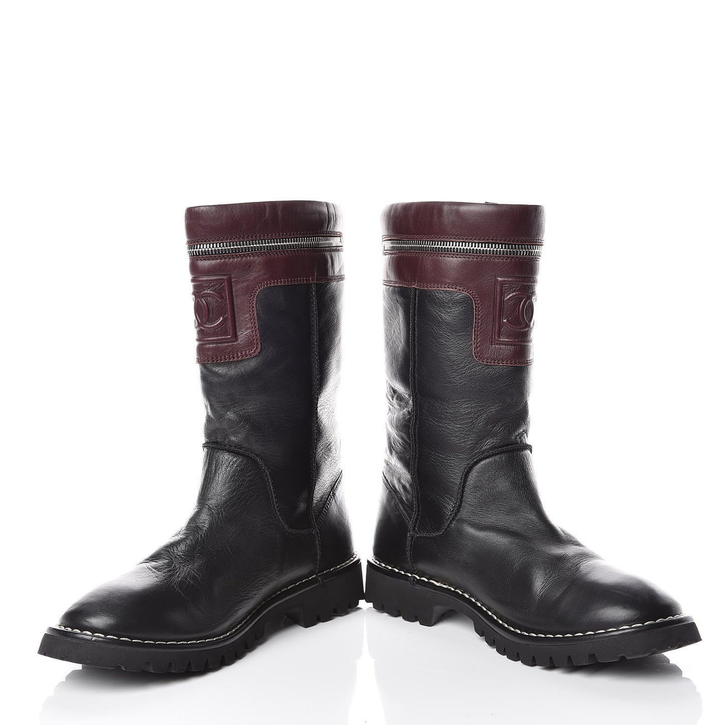 Calfskin Motorcycle Zipper Boots 38 Black Burgundy
