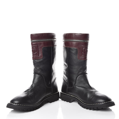 Chanel Calfskin Motorcycle Zipper Boots 38 Black Burgundy 5 of 12