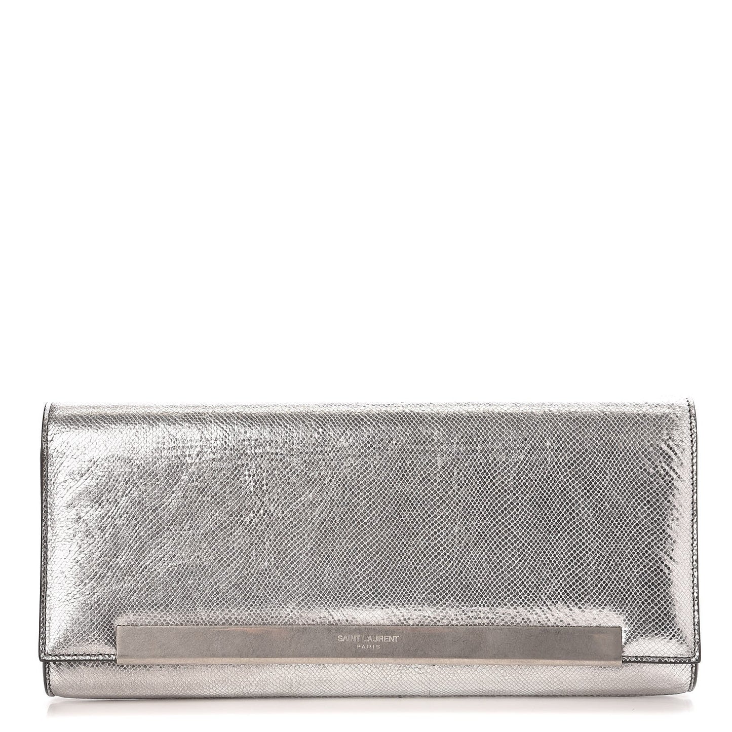 Metallic Calfskin Lizard Printed Lutetia Flap Clutch Silver