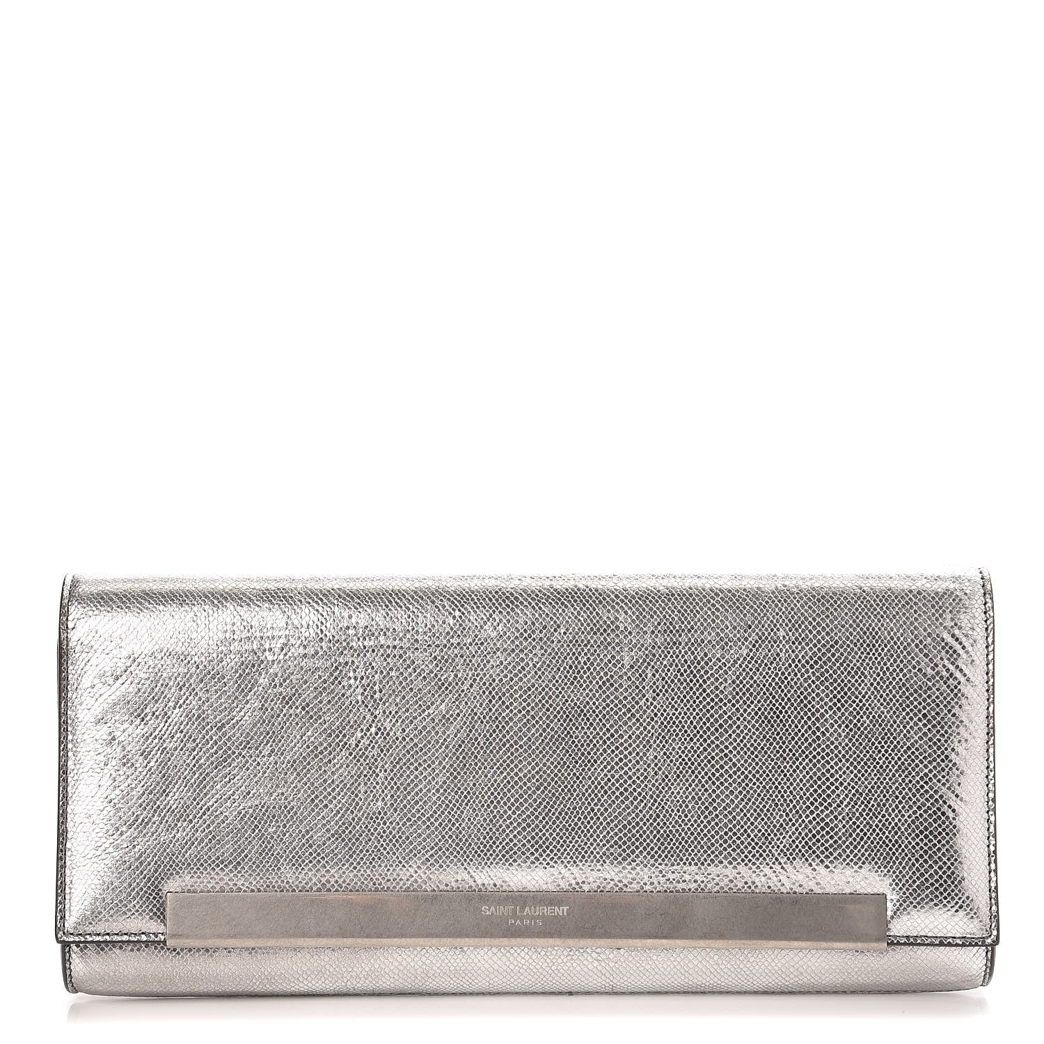 Saint Laurent Metallic Calfskin Lizard Printed Lutetia Flap Clutch Silver 1 of 8