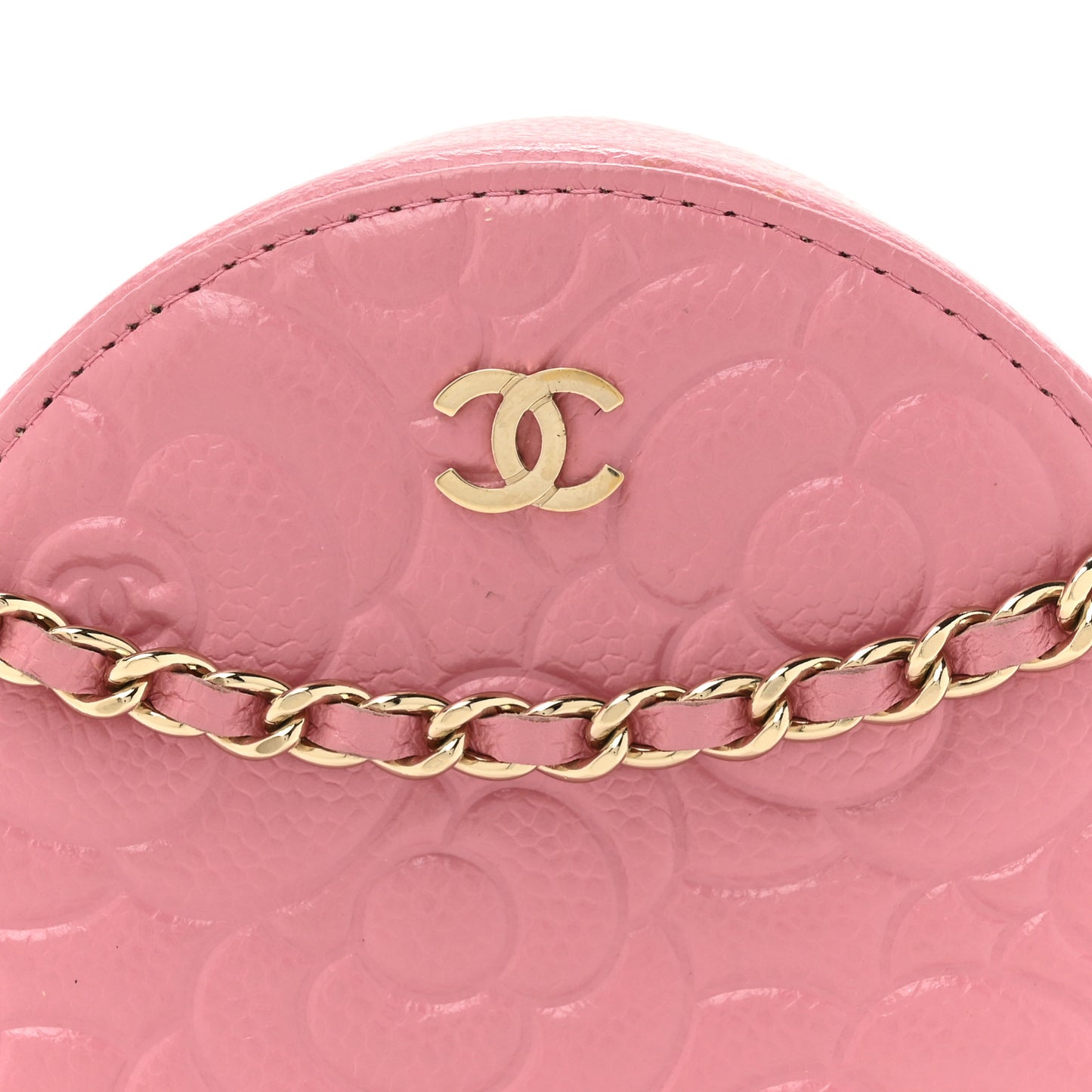Caviar Camellia Embossed Round Clutch With Chain Pink