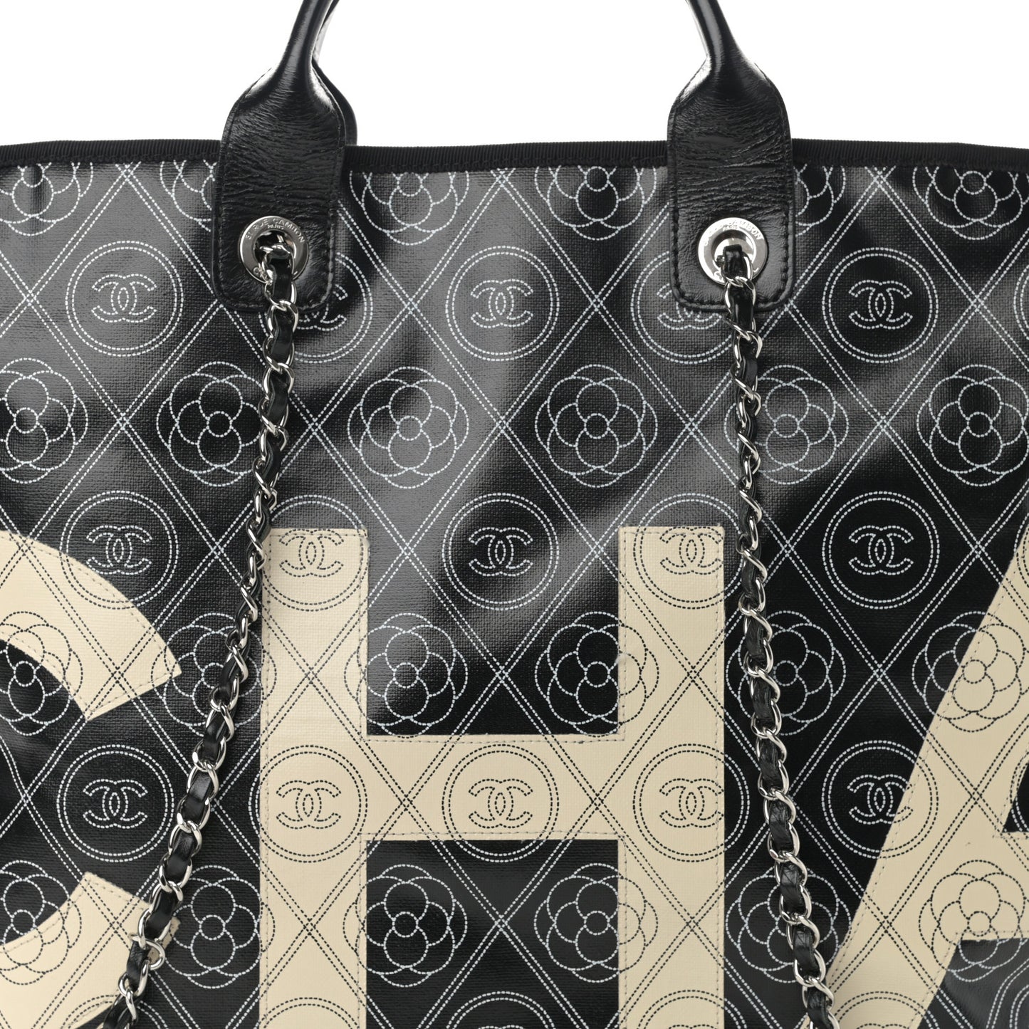 Coated Canvas Camellia Medium Shopping Tote Black Beige