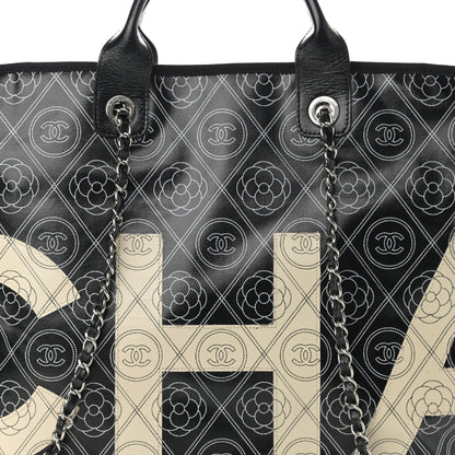 Chanel Coated Canvas Camellia Medium Shopping Tote Black Beige 7 of 12