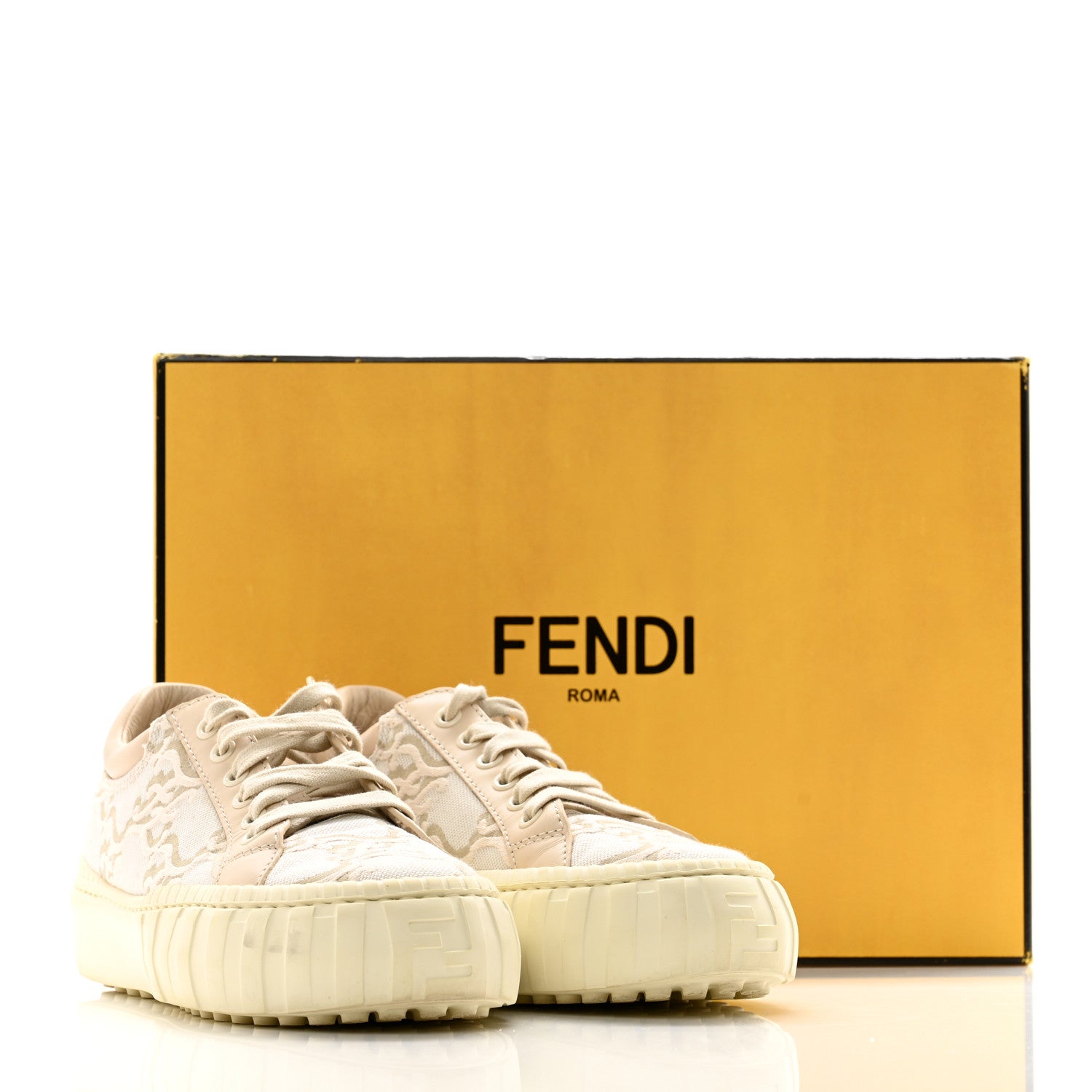 Fendi Fabric Jacquard Vitello Nappa FF Karligraphy Womens Fendi Force Low Top Sneakers 37 Camelia 12 of 12