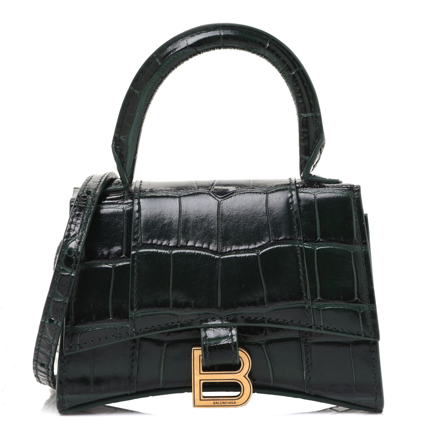 Shiny Calfskin Crocodile Embossed Hourglass Top Handle Bag Mini Forest Green