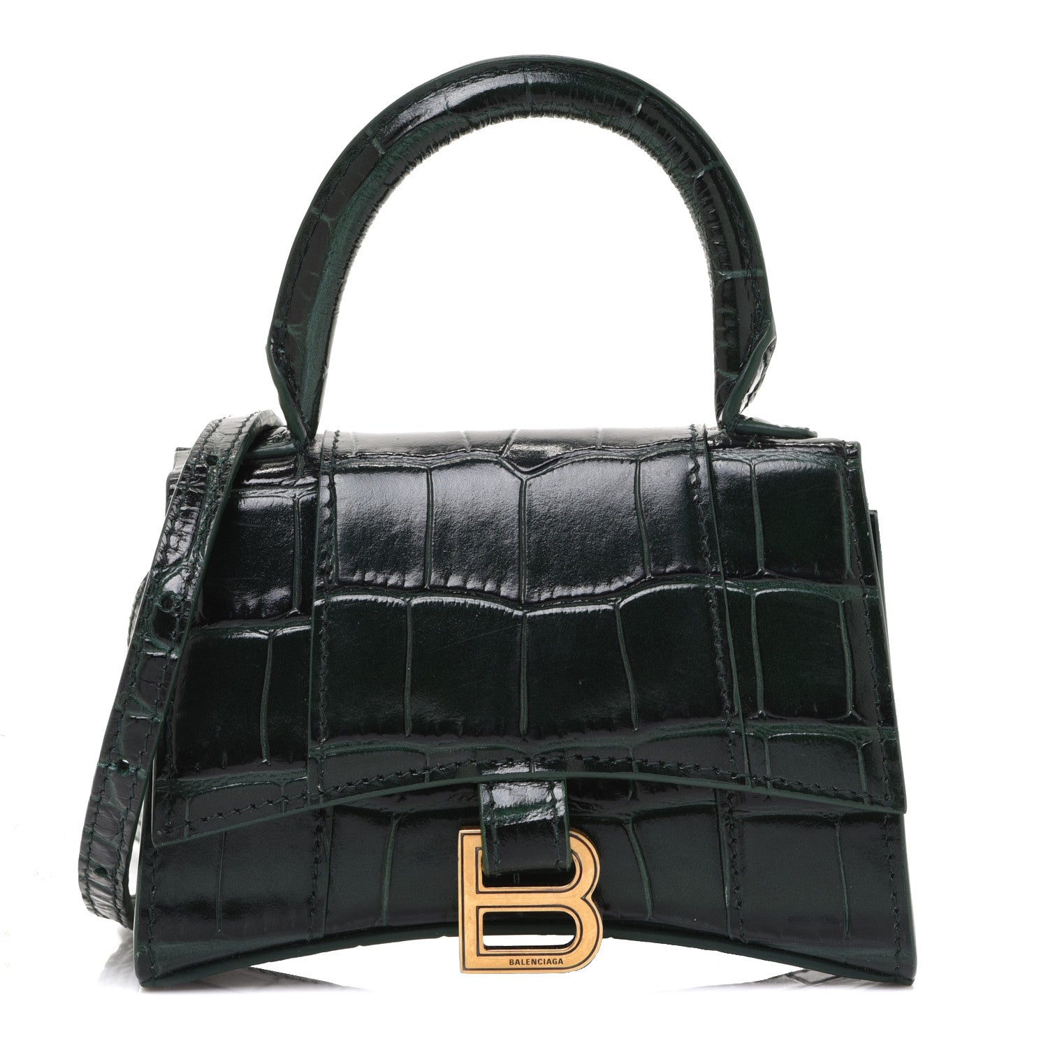 Balenciaga Shiny Calfskin Crocodile Embossed Hourglass Top Handle Bag Mini Forest Green 1 of 8