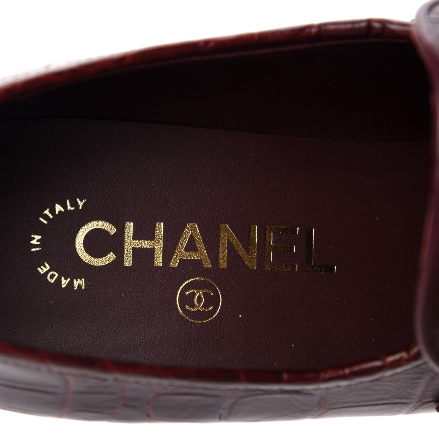 Crocodile Embossed Calfskin CC Chain Mocassin Loafers 39 Burgundy Black