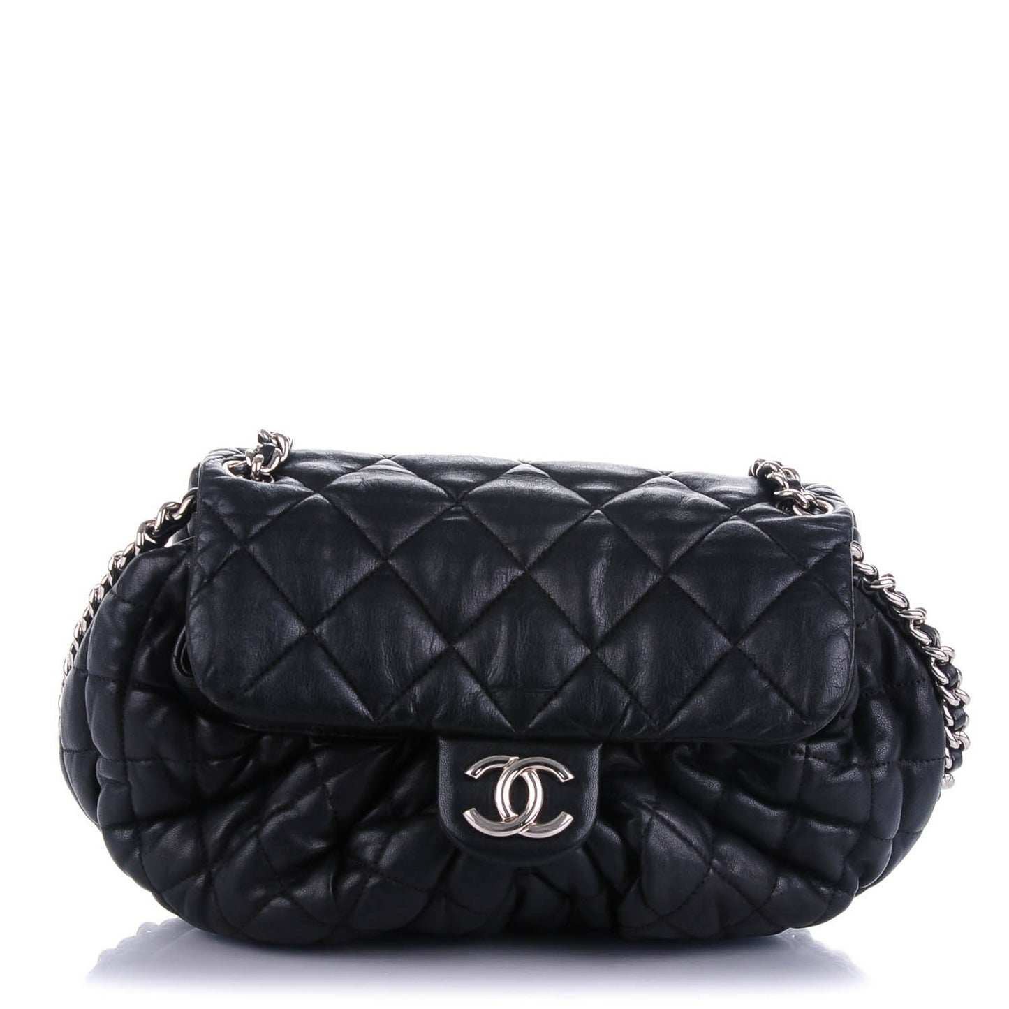 Washed Lambskin Quilted Medium Chain Around Messenger Black