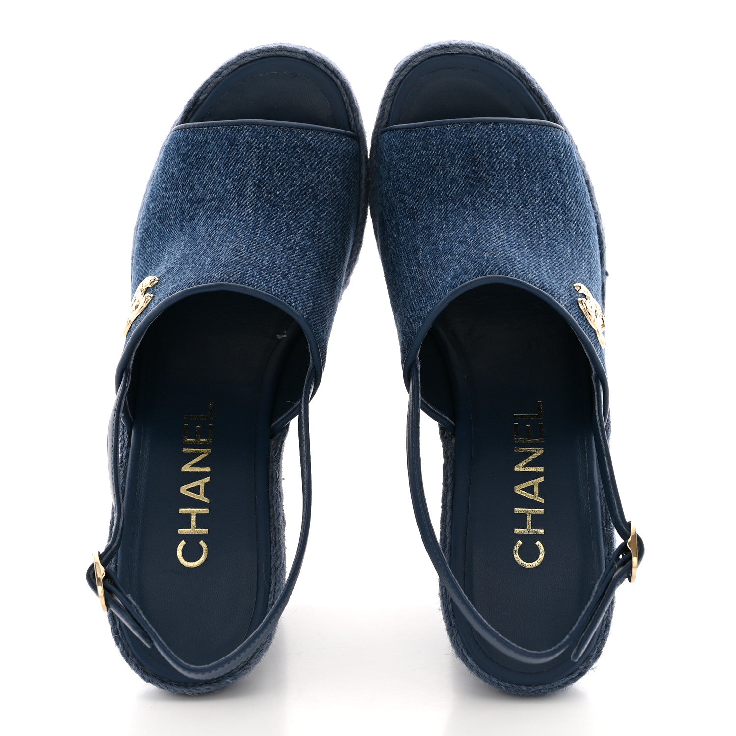 CHANEL ネイビー デニム ミュール Chanel Washed Denim Braided Cord Wedge Sandals 38 Blue 1937360