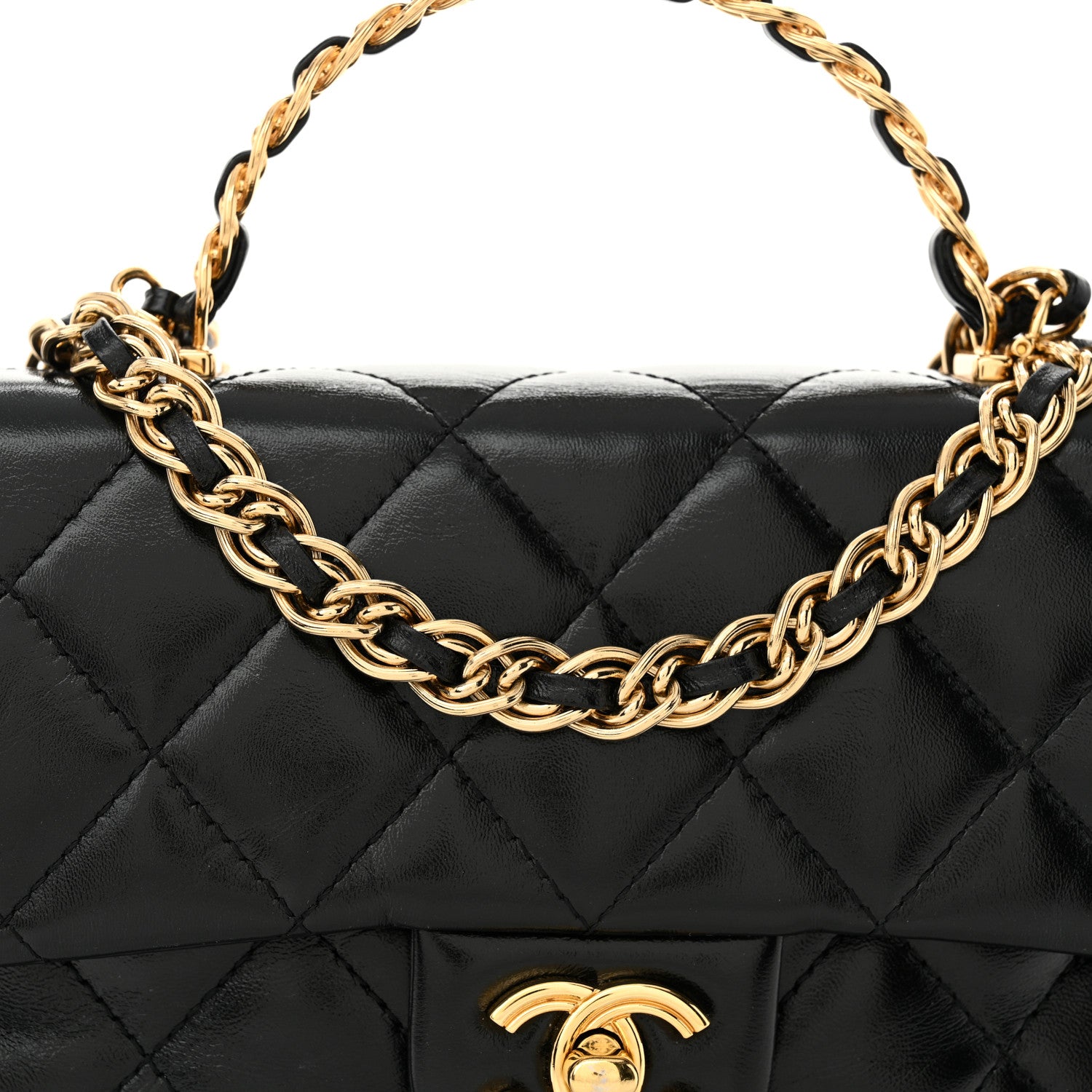 Chanel Shiny Lambskin Quilted Golden Links Top Handle Flap Black 8 of 10