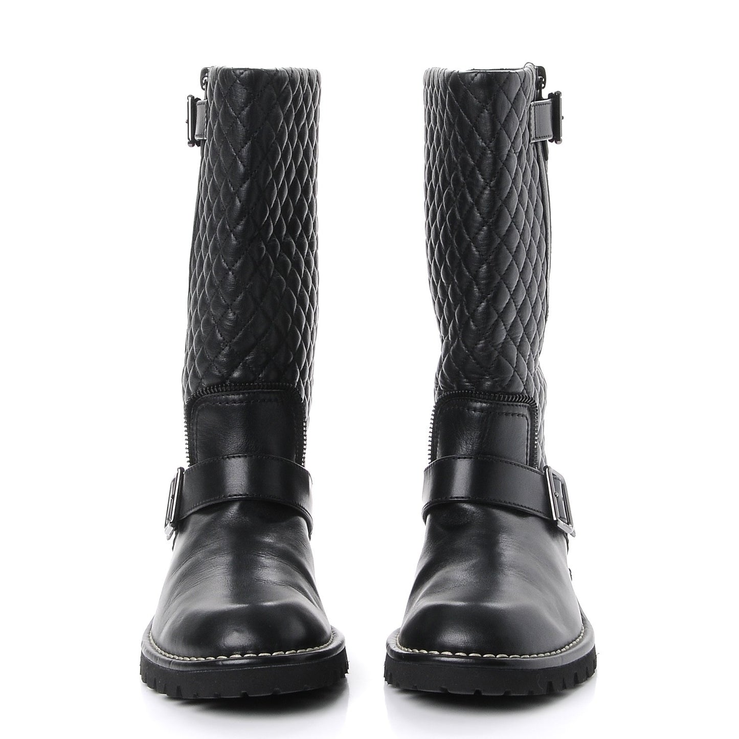 Calfskin Quilted Biker Boots 38 Black