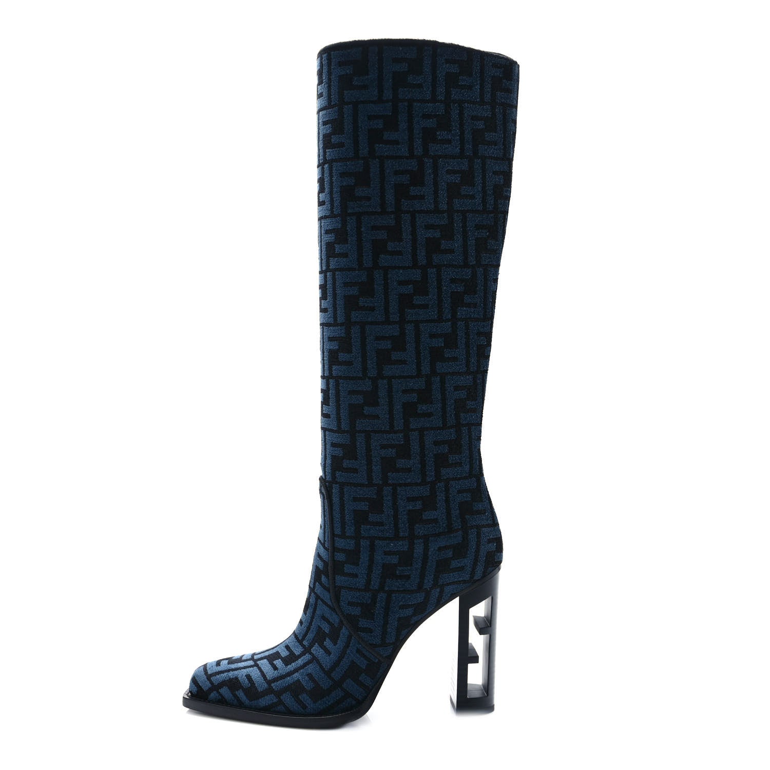 Fendi Chenille Jacquard FF 110mm Knee Boots 39.5 Black Blue 1 of 7