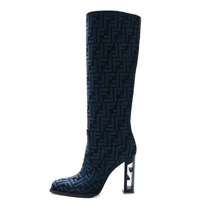 Fendi Chenille Jacquard FF 110mm Knee Boots 39.5 Black Blue 1 of 7