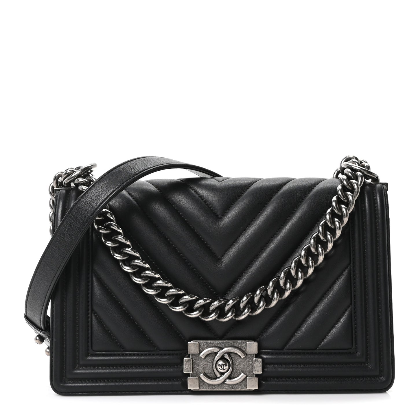 Calfskin Chevron Quilted Medium Boy Flap Black
