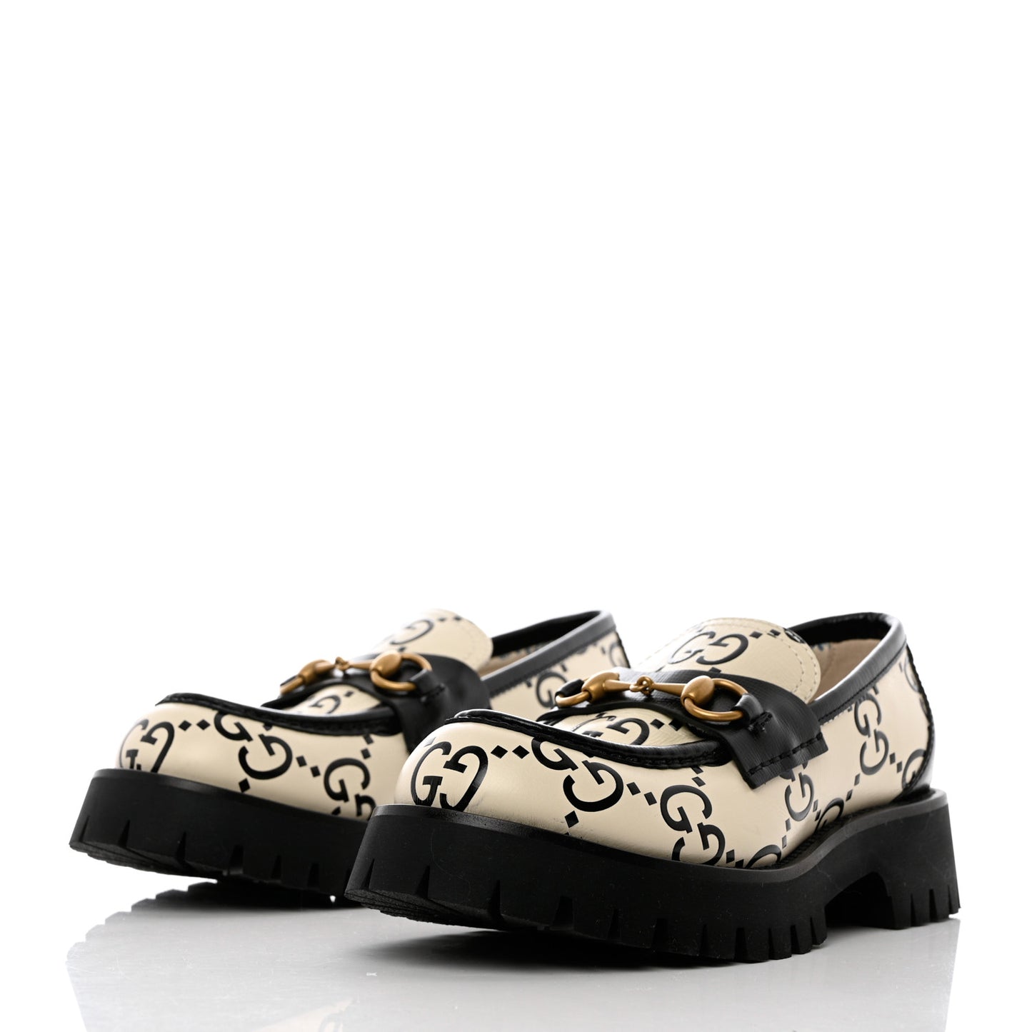 Azalea Calfskin GG Monogram Bi-Color Debossed Womens Harald Horsebit 25mm Platform Loafers 38.5 Mystic White Black