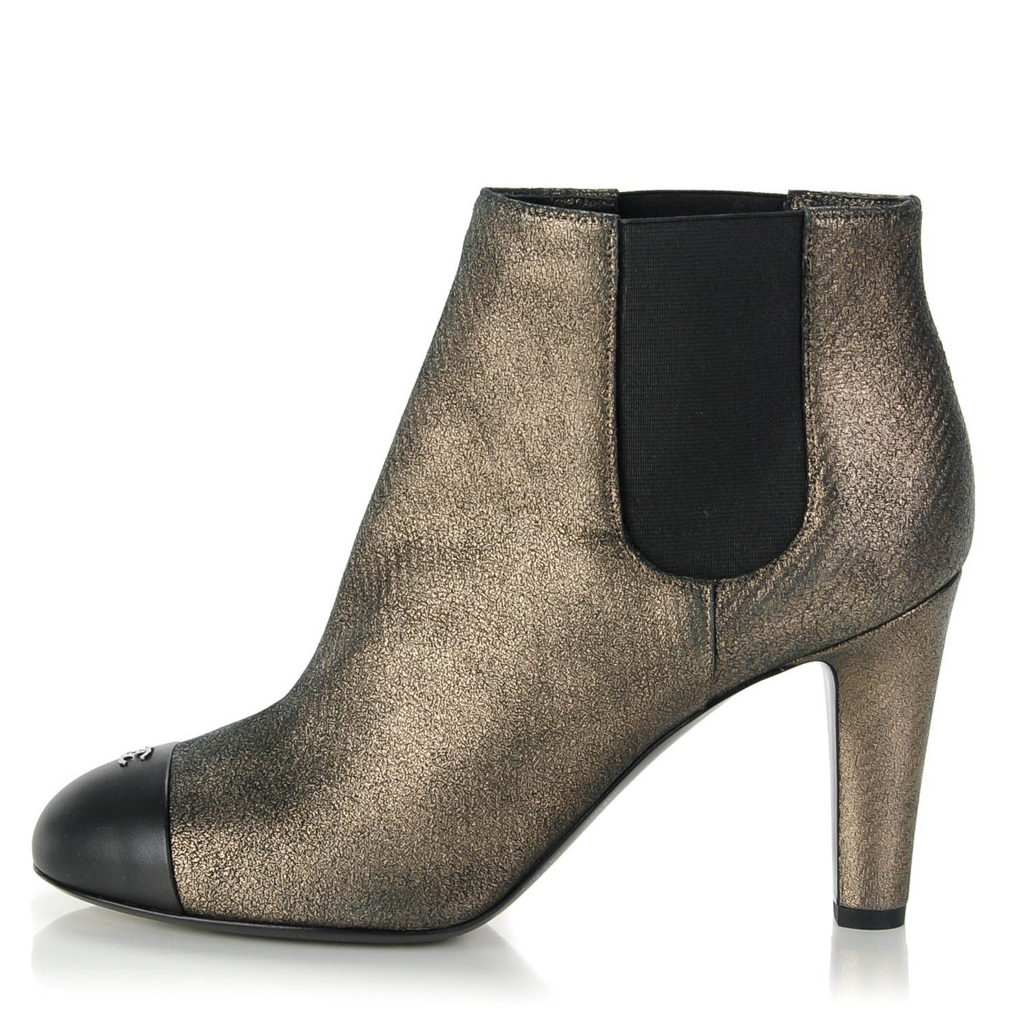 Metallic Lambskin CC Cap Toe Ankle Boots 38.5 Argent Fonce Black